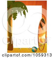 Poster, Art Print Of Vertical Sunset Beach Frame With A Palm Tree And Surf Board Around White Space