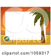 Poster, Art Print Of Horizontal Sunset Beach Frame With A Palm Tree And Beach Ball Around White Space