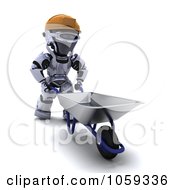 Royalty Free CGI Clip Art Illustration Of A 3d Robot Construction Worker With A Wheelbarrow