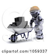 Royalty Free CGI Clip Art Illustration Of A 3d Robot Pushing Cinder Blocks In A Wheelbarrow