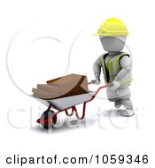 Royalty Free CGI Clip Art Illustration Of A 3d White Character Pushing Bricks In A Wheelbarrow