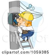 Royalty Free Vector Clip Art Illustration Of An Electrician On A Ladder Working On A Cable Box by BNP Design Studio