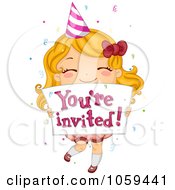 Royalty Free Vector Clip Art Illustration Of A Cute Birthday Girl Holding A Youre Invited Sign