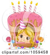 Royalty Free Vector Clip Art Illustration Of A Cute Birthday Girl Looking Out Of A Window In A Cake
