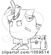 Royalty Free Vector Clip Art Illustration Of A Coloring Page Outline Of A Happy Worker With A Tool Box And Cleaner