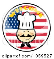 Poster, Art Print Of Asian Chef Face Over An American Flag Circle With Welcome Text