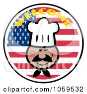Royalty Free Vector Clip Art Illustration Of A Black Chef Face Over An American Flag Circle With Welcome Text