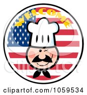 Royalty Free Vector Clip Art Illustration Of A Chef Face Over An American Flag Circle With Welcome Text