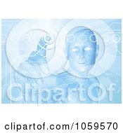 Royalty Free Vector Clip Art Illustration Of A Blue Virtual Man Pushing A Button On A Map Screen
