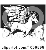 Royalty Free Vector Clip Art Illustration Of A Black And White Woodcut Styled Pegasus On A Cloud