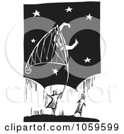 Black And White Woodcut Styled Couple Catching The Moon With A Net