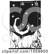 Poster, Art Print Of Black And White Woodcut Styled Team Hoisting A Crescent Moon Into The Sky