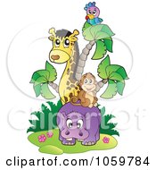 Poster, Art Print Of Parrot Giraffe Monkey And Hippo
