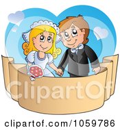 Poster, Art Print Of Wedding Couple Holding Hands Over A Banner