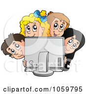 Poster, Art Print Of Group Of Kids Looking Around A Computer Screen