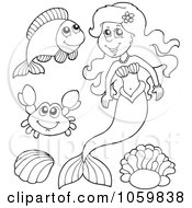 Poster, Art Print Of Digital Collage Of Coloring Page Outlines Of A Mermaid And Sea Creatures