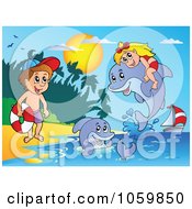Poster, Art Print Of Girl And Boy With Dolphins