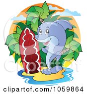 Poster, Art Print Of Dolphin On A Tropical Island With A Surfboard