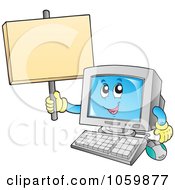 Royalty Free Vector Clip Art Illustration Of A Desktop Computer Holding A Blank Sign