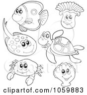 Digital Collage Of Coloring Page Outlines Of Sea Animals