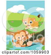 Poster, Art Print Of Cute Lion Rushing To Save A Drowning Monkey In A Pond