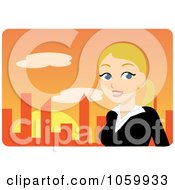 Royalty Free Vector Clip Art Illustration Of A Blond Urban Businesswoman Against An Orange Skyline by Rosie Piter