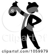 Royalty Free Vector Clip Art Illustration Of A Black Silhouetted Philanthropist Businessman Holding A Money Bag