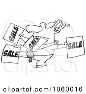 Poster, Art Print Of Cartoon Black And White Outline Design Of A Salesman Holding Up Many Signs