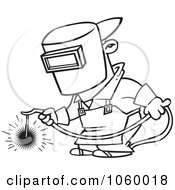Poster, Art Print Of Cartoon Black And White Outline Design Of A Welder At Work
