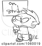 Royalty Free Vector Clip Art Illustration Of A Cartoon Black And White Outline Design Of A Boy Carrying An On Strike Sign by toonaday