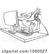 Cartoon Black And White Outline Design Of A Tech Support Worker Blowing Bubble Gum