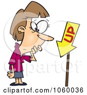 Poster, Art Print Of Cartoon Businesswoman Looking At An Up Sign Pointing Down