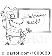 Poster, Art Print Of Cartoon Black And White Outline Design Of A Male Teacher Writing Welcome Back On A Board