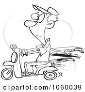 Royalty Free Vector Clip Art Illustration Of A Cartoon Black And White Outline Design Of A Man Delivering Pizza On A Scooter