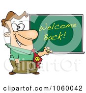 Royalty Free Vector Clip Art Illustration Of A Cartoon Male Teacher Writing Welcome Back On A Board