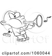 Cartoon Black And White Outline Design Of A Boy Playing A Bugle
