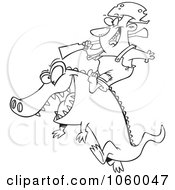 Royalty Free Vector Clip Art Illustration Of A Cartoon Black And White Outline Design Of A Man Riding An Alligator