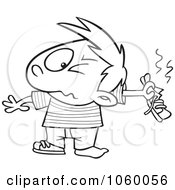 Royalty Free Vector Clip Art Illustration Of A Cartoon Black And White Outline Design Of A Boy Holding Out A Smelly Shoe