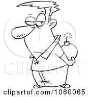 Royalty Free Vector Clip Art Illustration Of A Cartoon Black And White Outline Design Of A Man Holding A Bomb Behind His Back