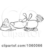 Cartoon Black And White Outline Design Of A Dog Wagging His Tail By A Food Bowl