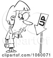 Royalty Free Vector Clip Art Illustration Of A Cartoon Black And White Outline Design Of A Businesswoman Looking At An Up Sign Pointing Down
