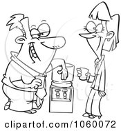 Royalty Free Vector Clip Art Illustration Of A Cartoon Black And White Outline Design Of Colleagues Flirting At The Water Cooler by toonaday