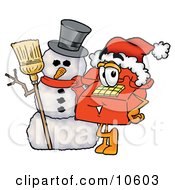 Clipart Picture Of A Red Telephone Mascot Cartoon Character With A Snowman On Christmas