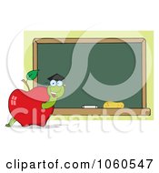 Royalty Free Vector Clip Art Illustration Of A Student Worm In An Apple By A Chalkboard 2 by Hit Toon