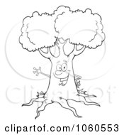 Royalty Free Vector Clip Art Illustration Of An Outlined Friendly Tree Waving