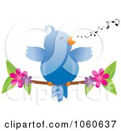 Royalty Free Vector Clip Art Illustration Of A Chubby Bluebird Whistling On A Blossoming Branch