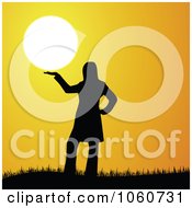 Royalty Free Vector Clip Art Illustration Of A Silhouetted Woman Presenting An Orange Sunset