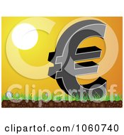 Royalty Free Vector Clip Art Illustration Of A Euro Symbol On Grass Against An Orange Sunest