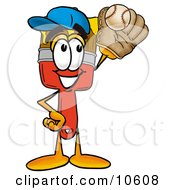 Paint Brush Mascot Cartoon Character Catching A Baseball With A Glove