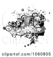 Royalty Free Vector Clip Art Illustration Of A Black And White Womans Face In Profile With Flowers And Butterflies